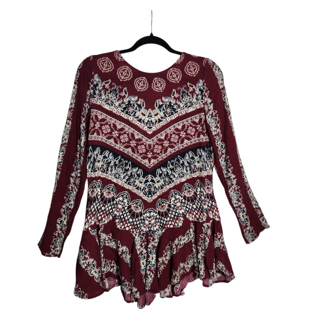 Free People Burgundy Paisley Floral V-Back Ruffle Hem Mini Dress Size M